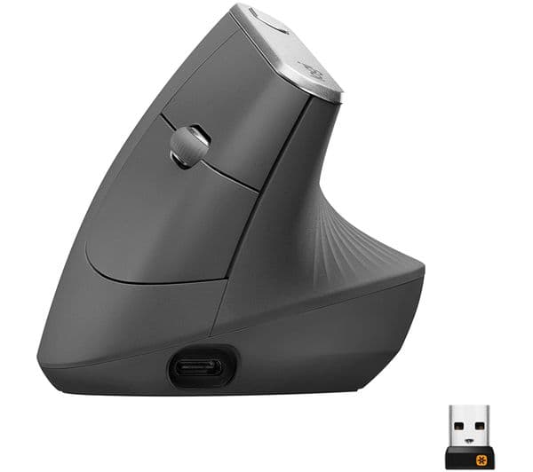 Logitech MX Vertical Ergonomic Wireless Mouse Bluetooth USB Receiver - Grey 