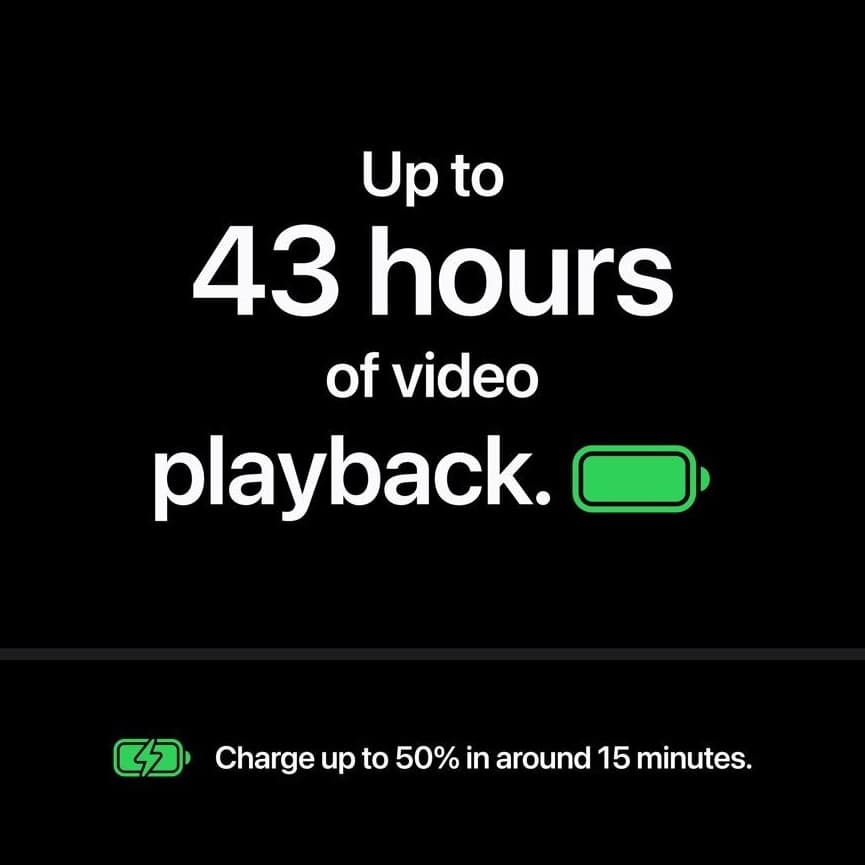 Up to 43 hours of video playback. Charge up to 50% in around 15 minutes.