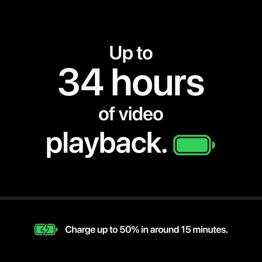 Up to 34 hours of video playback. Charge up to 50% in around 15 minutes.