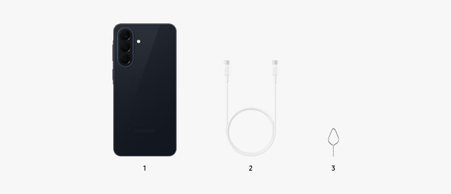 Samsung's picture of the box contents: Galaxy A57 5G, a USB-C data cable and an ejection pin