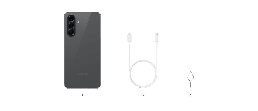 Samsung's in-the-box picture for Galaxy A56 5G: the phone in Awesome Graphite, a USB-C cable and an ejection pin