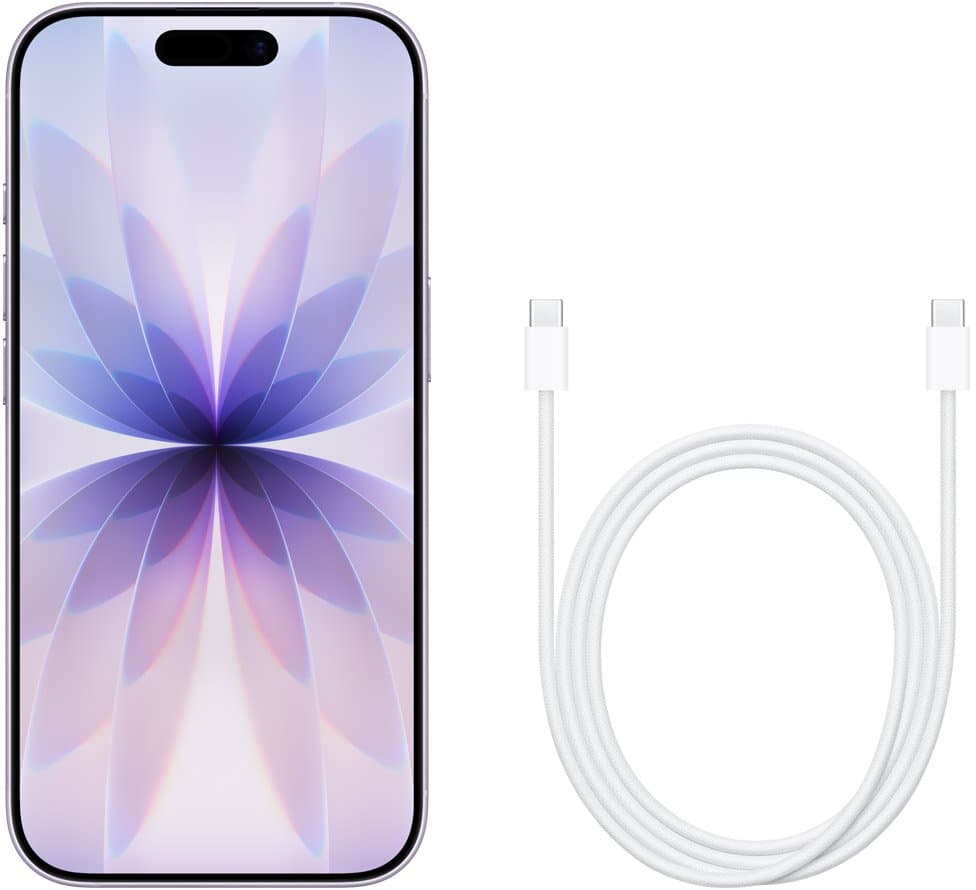 iPhone 17 beside its USB-C charge cable