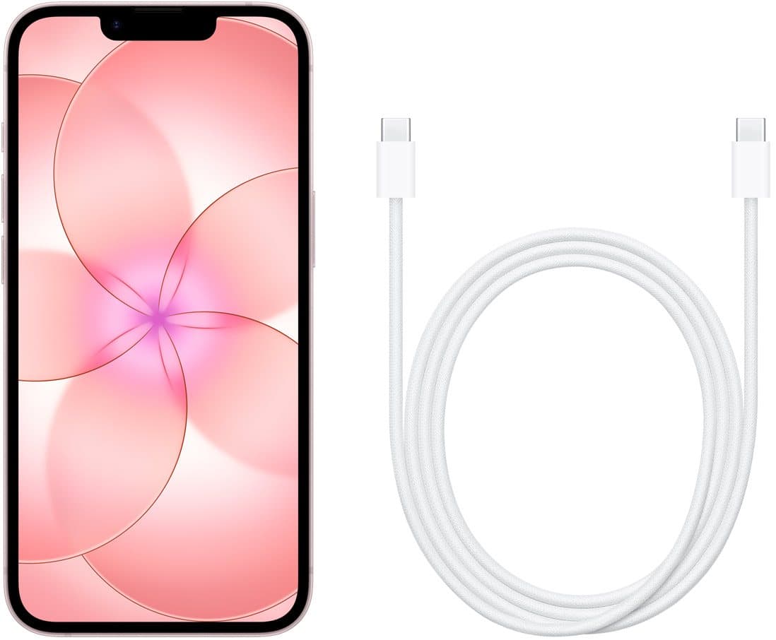 iPhone 17e in Soft Pink beside its USB-C charge cable
