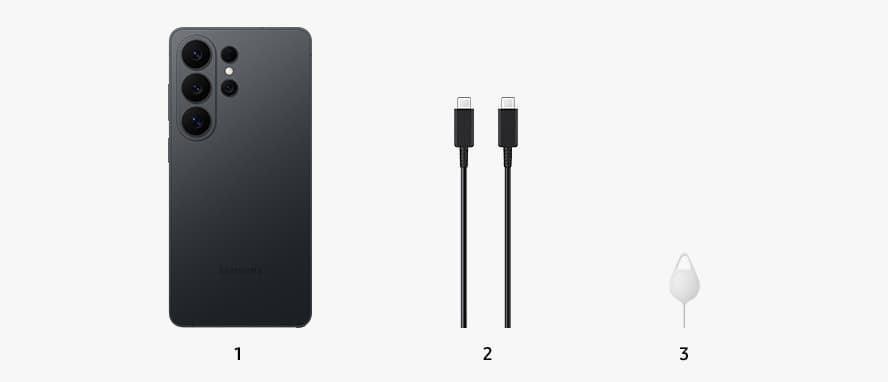 Samsung's picture of the box contents: Galaxy S26 Ultra, a USB-C data cable and an ejection pin