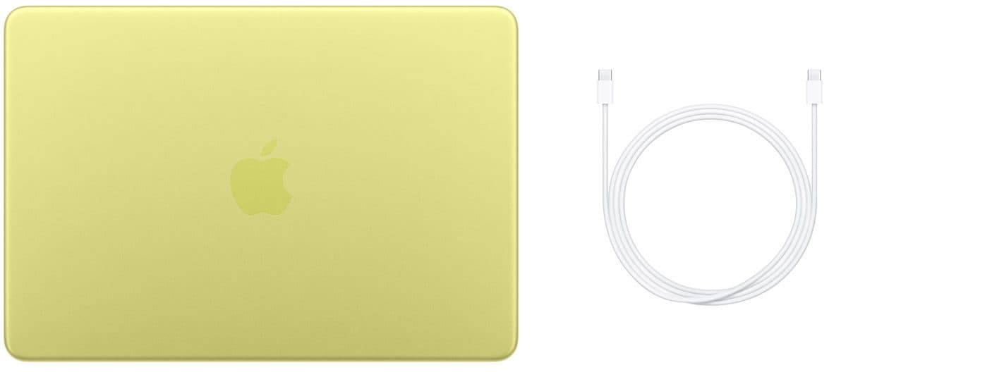 A closed Citrus MacBook Neo beside its USB-C charge cable