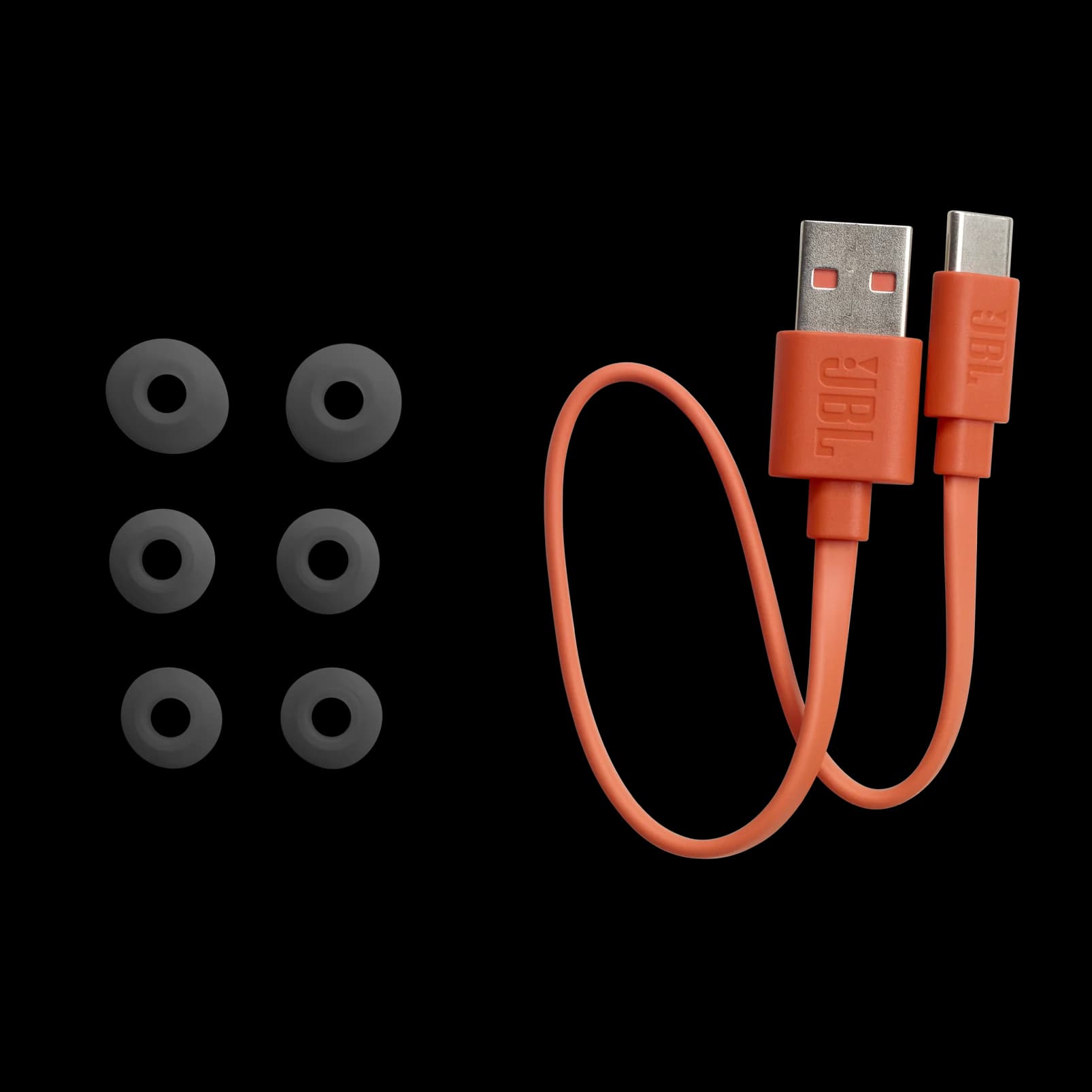 JBL Wave Beam accessories: a USB Type-C charging cable and ear tips in three sizes
