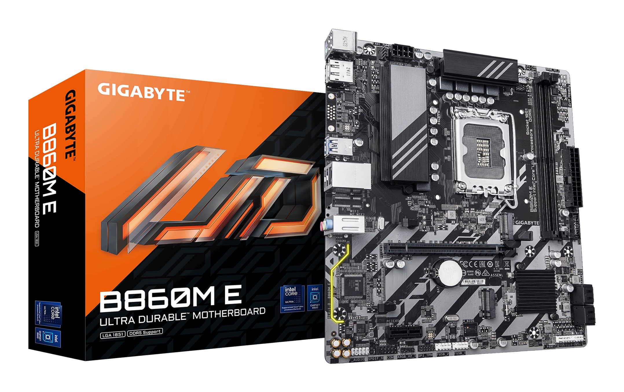 GIGABYTE B860M E Micro-ATX Motherboard - LGA 1851, Intel Core Ultra Series CPUs, 4+1+2 Phases VRM, up to 8800MHz DDR5 (O.C), 2xPCIe 4.0 M.2, 1GbE LAN, USB 3.2 Gen 1