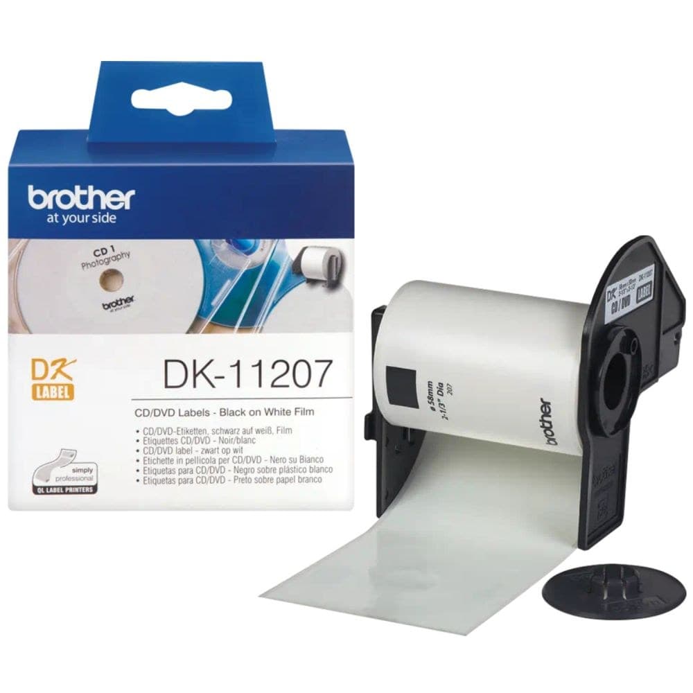 Brother DK-11207 CD/DVD Film Label Roll - Black on White, 58mm Diameter, 100 Labels