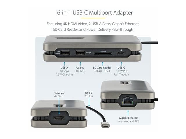 StarTech.com DKT31CSDHPD3 USB-C Docking Station 4K 60Hz HDMI, 100W Power Delivery Pass-Through, 2-Port 10Gbps USB Hub, Gigabit Ethernet, SD/MicroSD, 25cm Attached Cable - Space Grey - Image 5