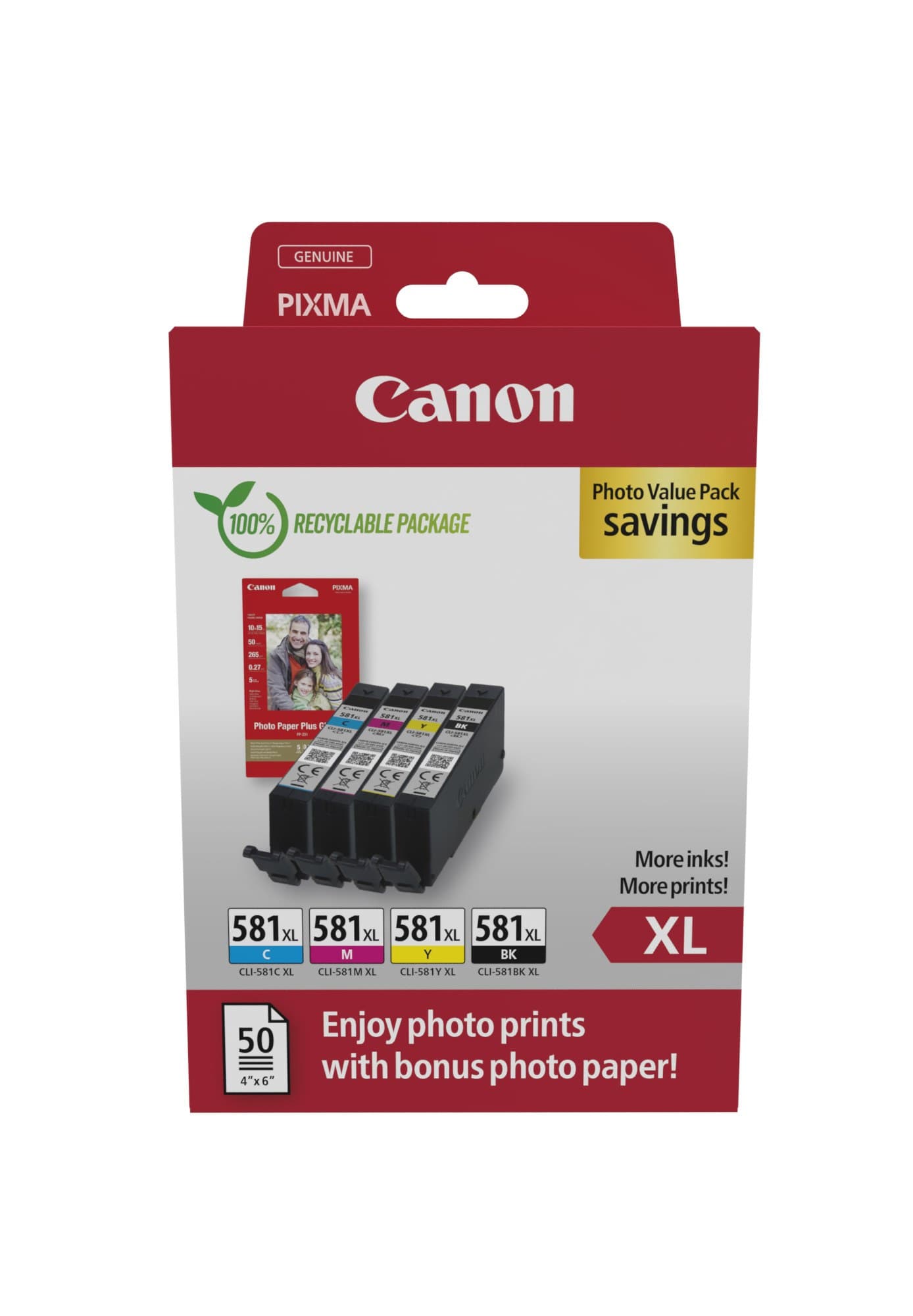 Canon CLI-581XL Original High (XL) Yield Ink Cartridge 4 pc(s) Black, Cyan, Magenta, Yellow + 50 Sheets 4x6in Photo Paper Value Pack (2052C006)