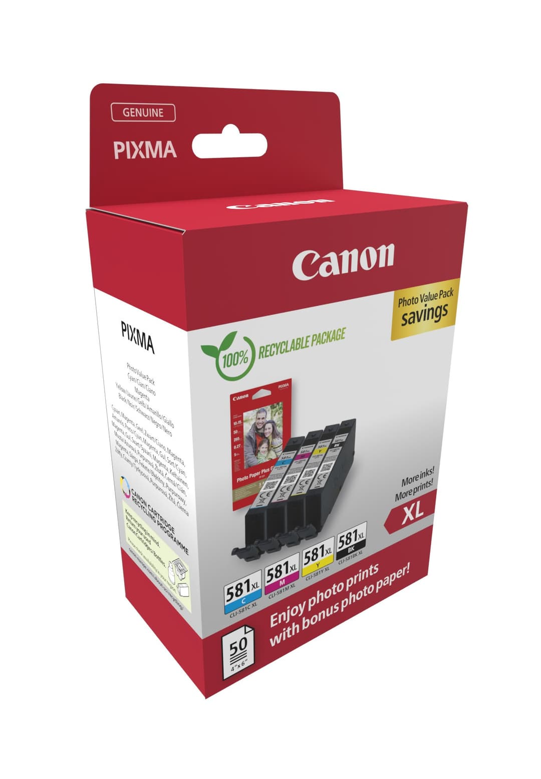Canon CLI-581XL Original High (XL) Yield Ink Cartridge 4 pc(s) Black, Cyan, Magenta, Yellow + 50 Sheets 4x6in Photo Paper Value Pack (2052C006) - Image 2