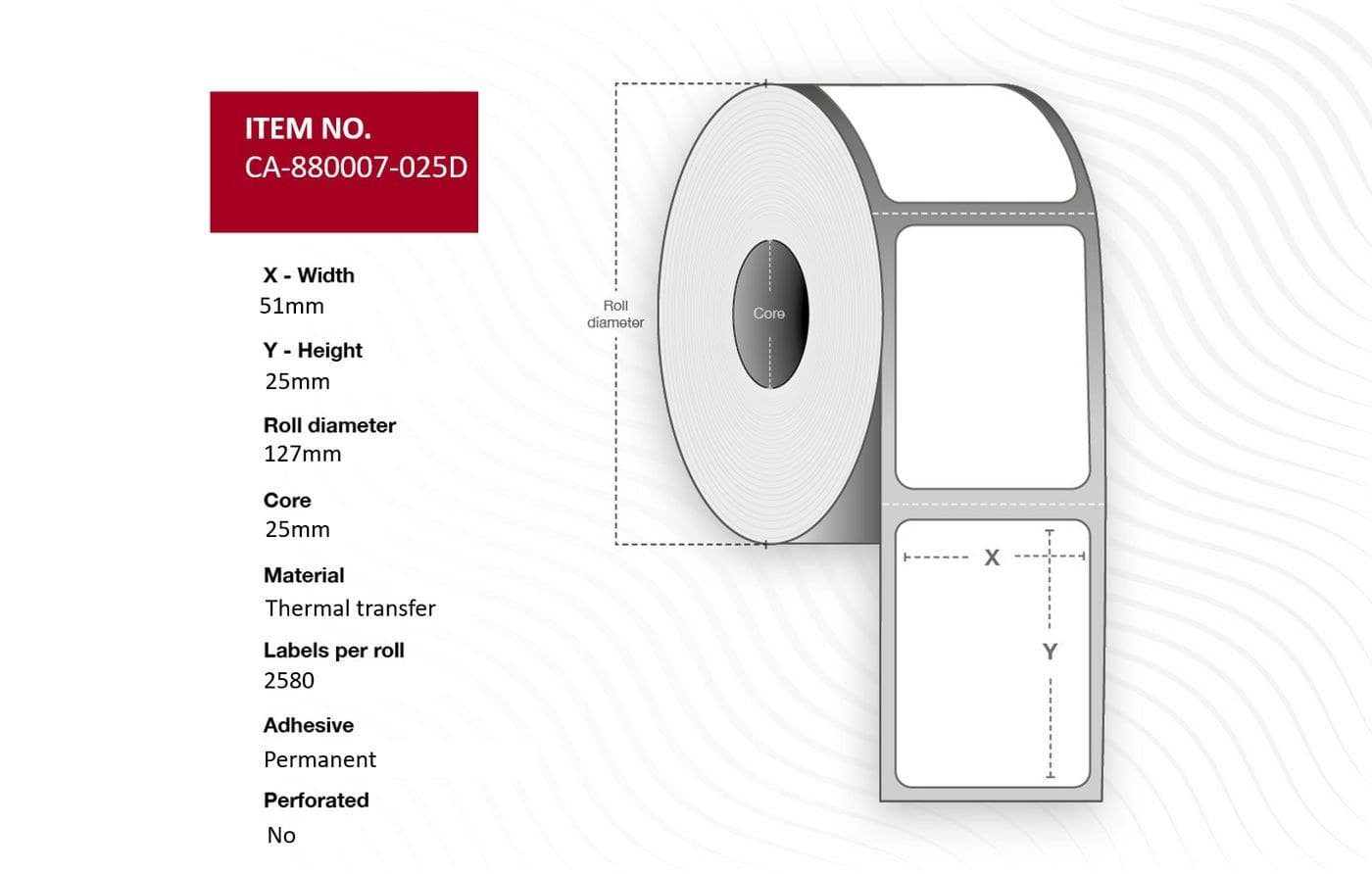 Capture Label 51 x 25mm, Core 25mm, Thermal Transfer, Permanent, No Perforation, 2580 Labels per Roll, 12 Rolls per Box (CA-880007-025D)