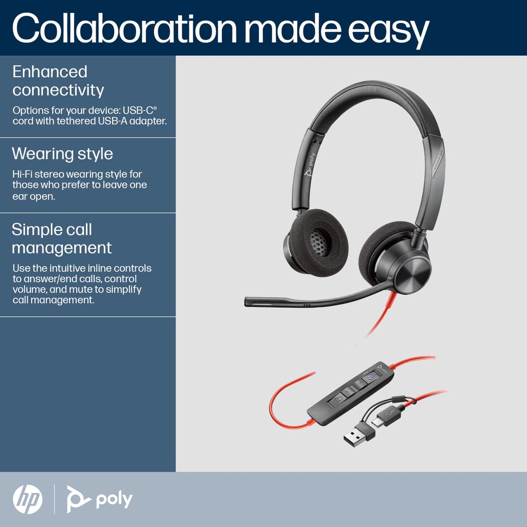 Poly Blackwire 3320 Stereo Microsoft Teams Certified USB-C Headset + USB-C/A Adapter - Image 6