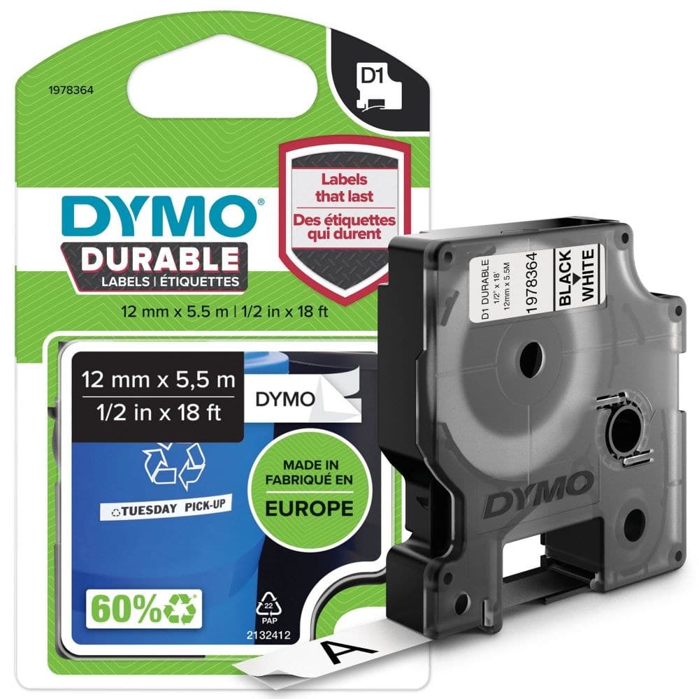 Dymo 1978364 D1 Durable 12mm x 5.5M Tape Black on White - Image 1