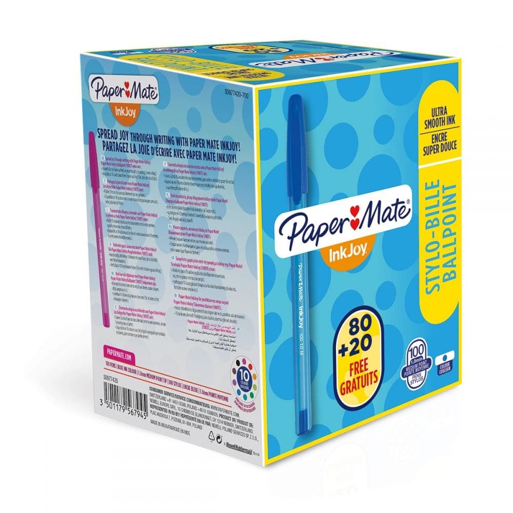 Paper Mate S0977420 InkJoy 100 Capped Ballpoint Pen Medium 1.0mm Tip Blue, Box of 100