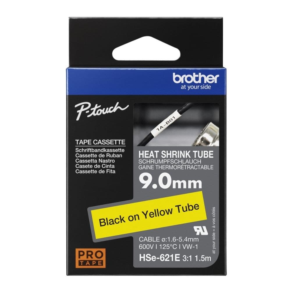 Brother HSE-621E 9mm x 1.5m Black on Yellow Heat Shrink Tube