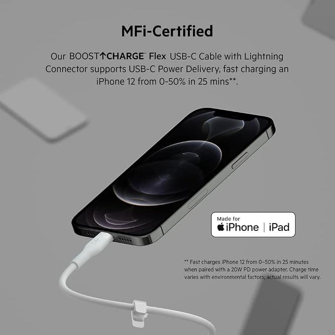 Belkin BoostCharge Flex USB-C to Lightning Cable 2M Fast Charging Cable for iPhone & iPad – White - Image 4