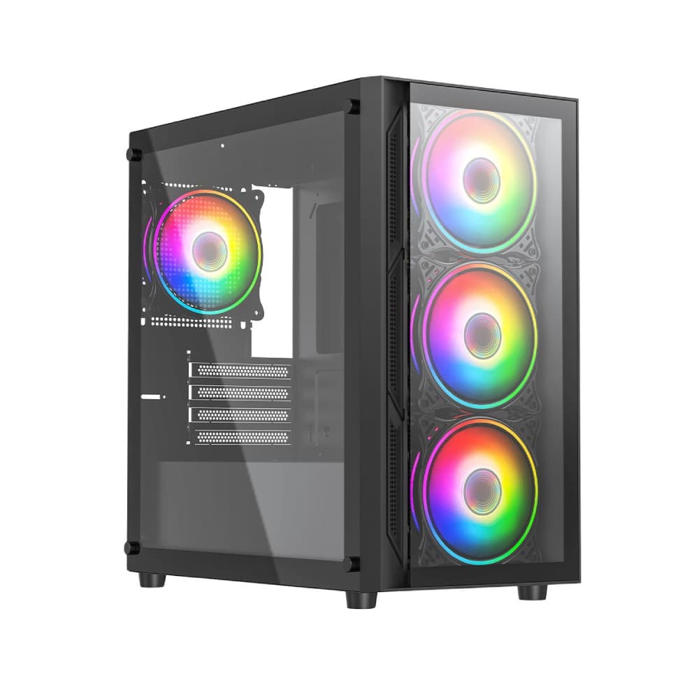 Vida Lucid Micro-ATX Tower Tempered Glass Gaming PC Case with 4 x 120mm ARGB Fans - Black - Image 1