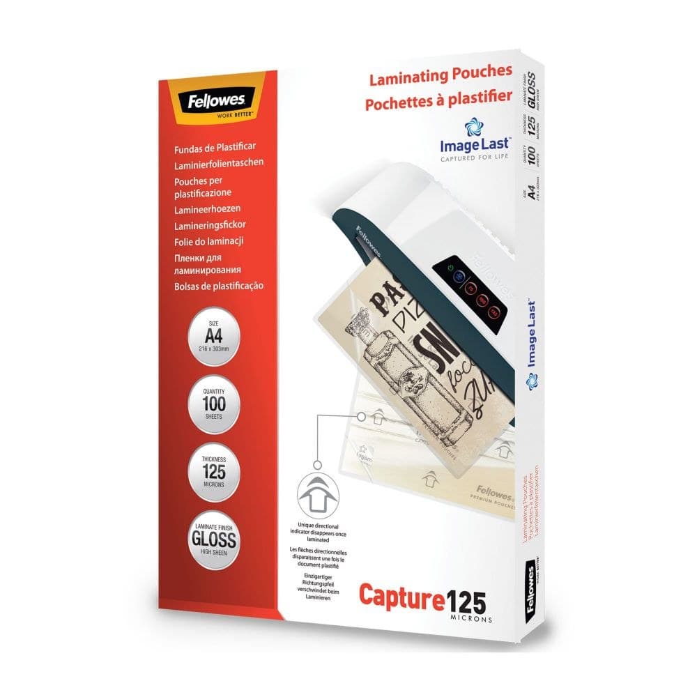 Fellowes ImageLast Capture125 A4 125 Micron Gloss Laminating Pouches - Pack of 100 (53074) - Image 1