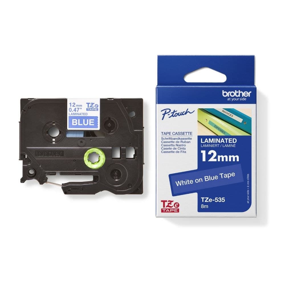 Brother TZE535 White on Blue 8M x 12mm Gloss Tape - Image 1