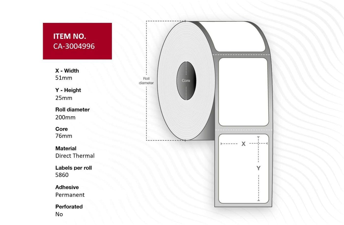 Capture Label 51 x 25mm, Core 76mm, Direct Thermal, Permanent, No perforation, 5860 labels per roll, 10 rolls per box (CA-3004996)