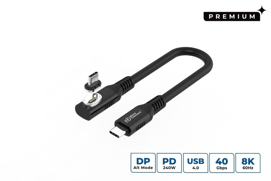 MicroConnect Premium USB-C to USB-C Cable 0.15m - Angled Magnetic Tip, USB4 40Gbps, 240W PD, 8K 60Hz, Silicone, Black - Image 1