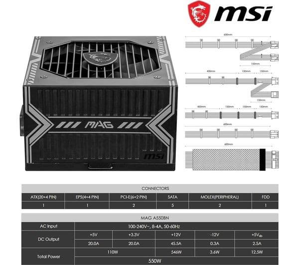 MSI MAG A550BN 550W 80 PLUS Bronze Non-Modular ATX Power Supply - Image 6