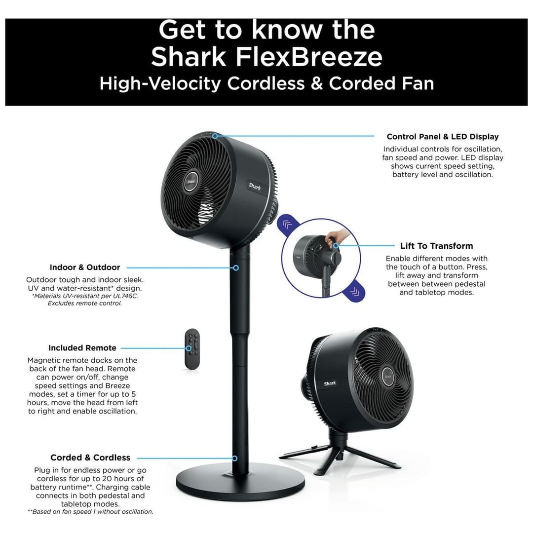 Shark FlexBreeze FA220UK 12 in 1 High Velocity Hybrid Corded Cordless Fan - Black - Image 2