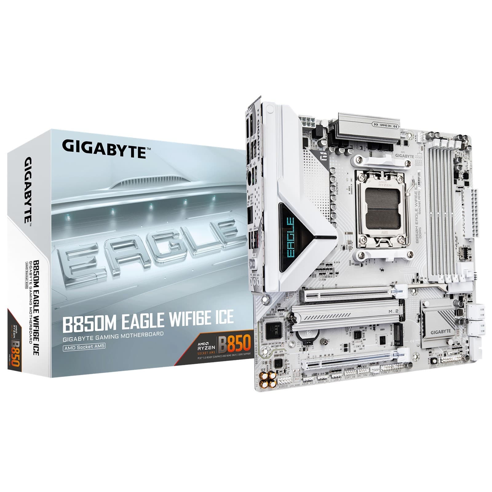 GIGABYTE B850M EAGLE WIFI6E ICE AMD B850 mATX Socket AM5 Motherboard - White, DDR5, PCIe 5.0, 2x M.2, 2.5GbE LAN, USB 3.2 Gen 2