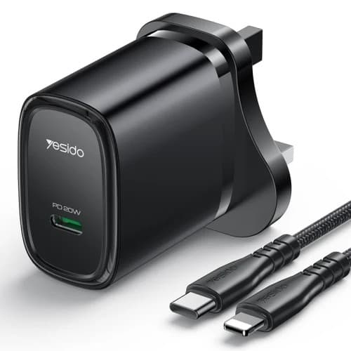 Yesido YC76BL 20W PD USB-C Fast Wall Charger with USB-C to Lightning Cable, UK Plug - Black