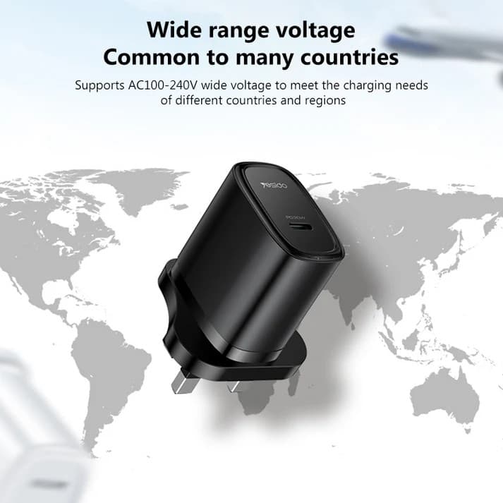 Yesido YC76BL 20W PD USB-C Fast Wall Charger with USB-C to Lightning Cable, UK Plug - Black - Image 5