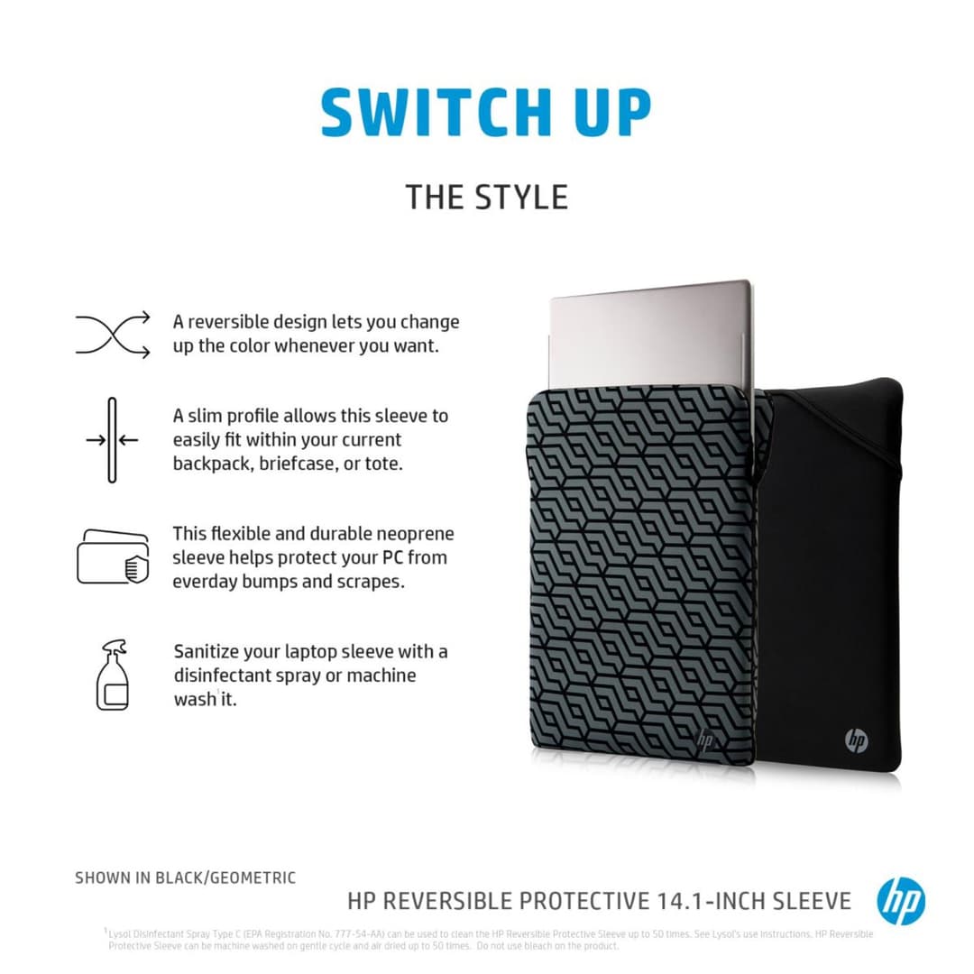 HP 2F1X4AA 14 Inch Reversible Protective Laptop Sleeve - Black/Blue - Image 5