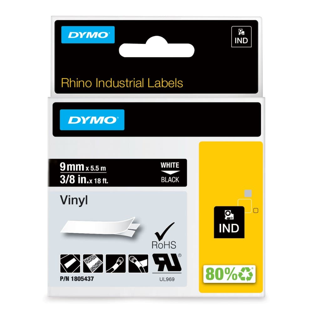 Dymo 1805437 Rhino 9mm x 5.5m White on Black Vinyl Tape