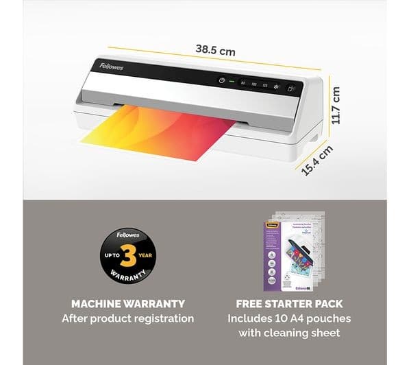 FELLOWES Saturn A4 Laminator - 80/100/125 Micron Pouches, 1 Minute Warm-Up, 30 cm/min, Includes 10 Pouch Starter Kit - Image 9
