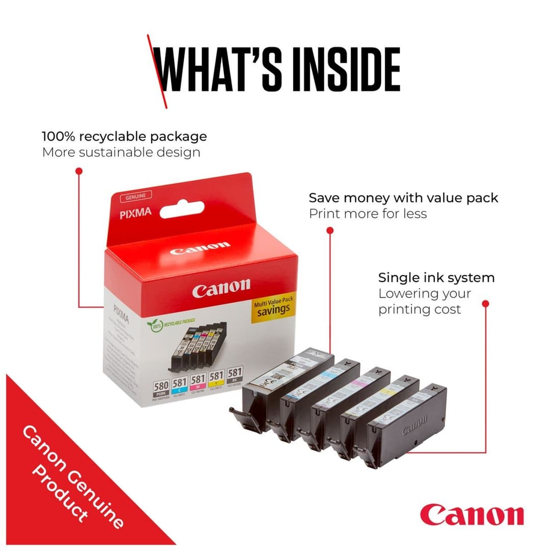 Canon PGI-580PGBK & CLI-581 Ink Cartridges - Black & Colour - 5 Cartridge Multipack - Image 2