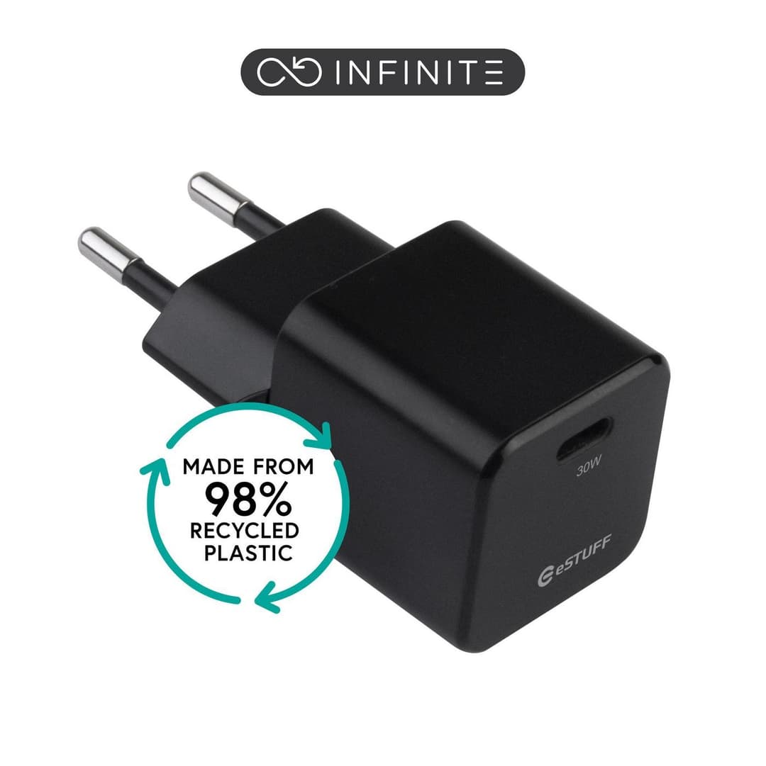 INFINITE (GRS) USB-C Charger EU PD 30W GaN - Black - 98% Recycled Plastic (rPC) - Image 1