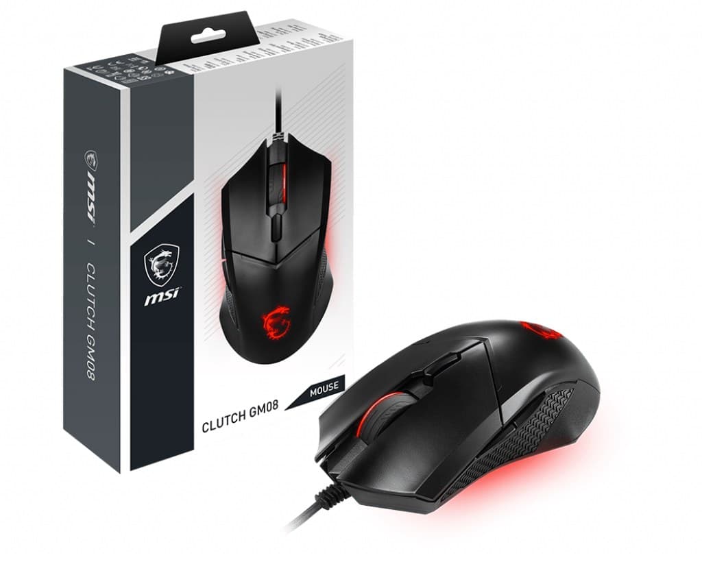 MSI CLUTCH GM08 Optical Gaming Mouse - 4200 DPI Optical Sensor, 6 Programmable Buttons, Symmetrical Design, 10+ Million Click Switches, Adjustable Weight, Red LED