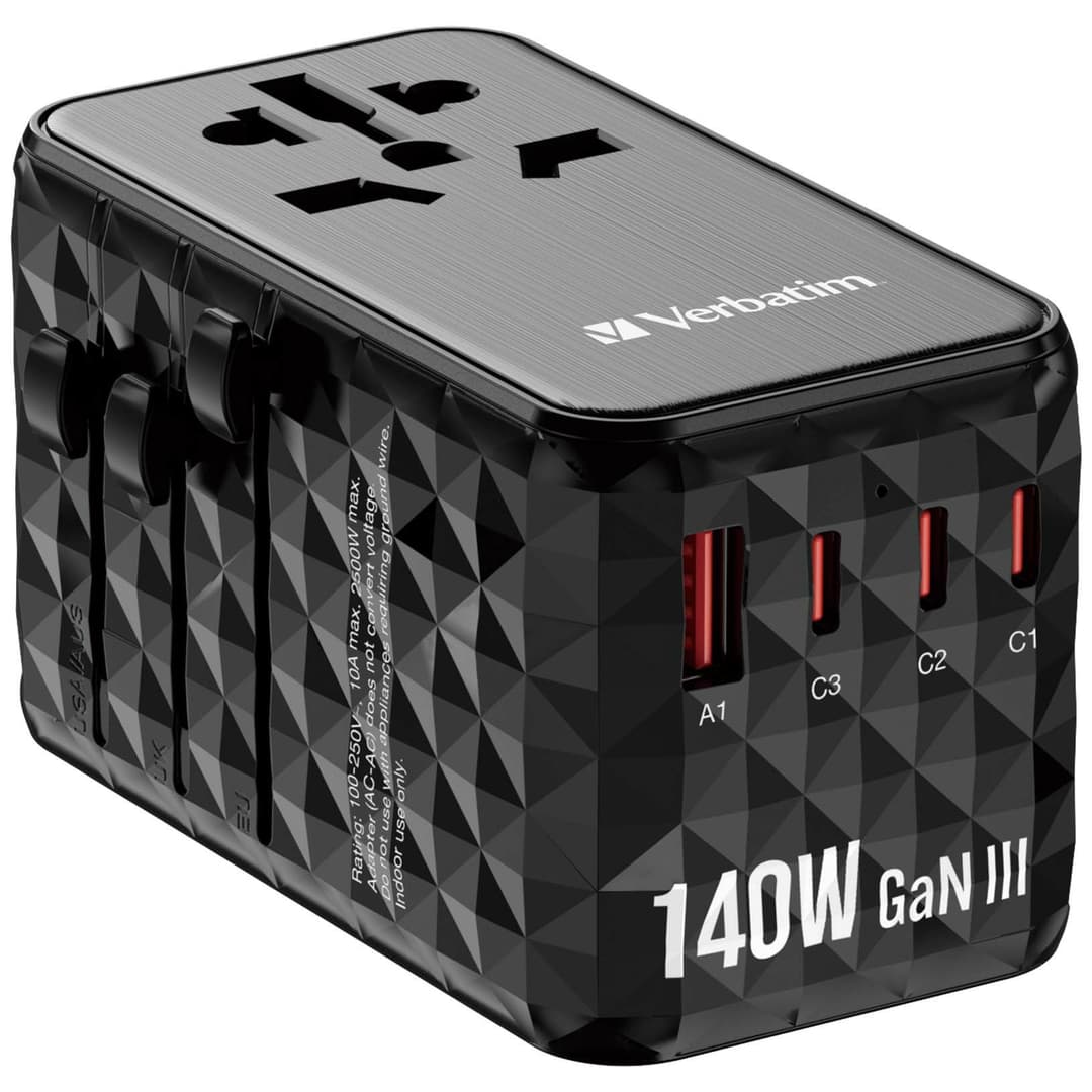 Verbatim UTA-10 140W GaN III Universal Travel Adapter with 2 x USB-C PD 3.1 & QC 4+, 1 x USB-C PD 3.0 & 1 x USB-A QC 3.0 ports - Image 1