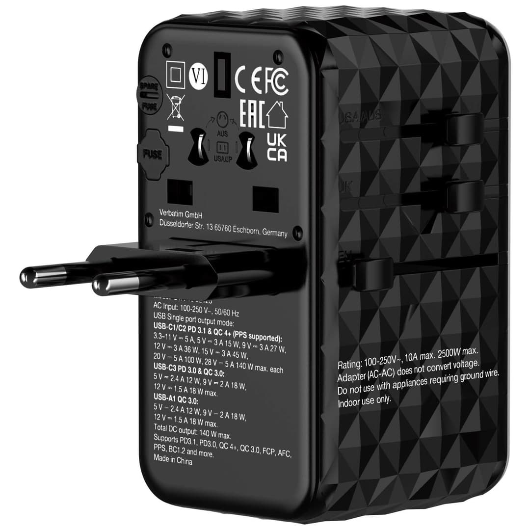Verbatim UTA-10 140W GaN III Universal Travel Adapter with 2 x USB-C PD 3.1 & QC 4+, 1 x USB-C PD 3.0 & 1 x USB-A QC 3.0 ports - Image 4