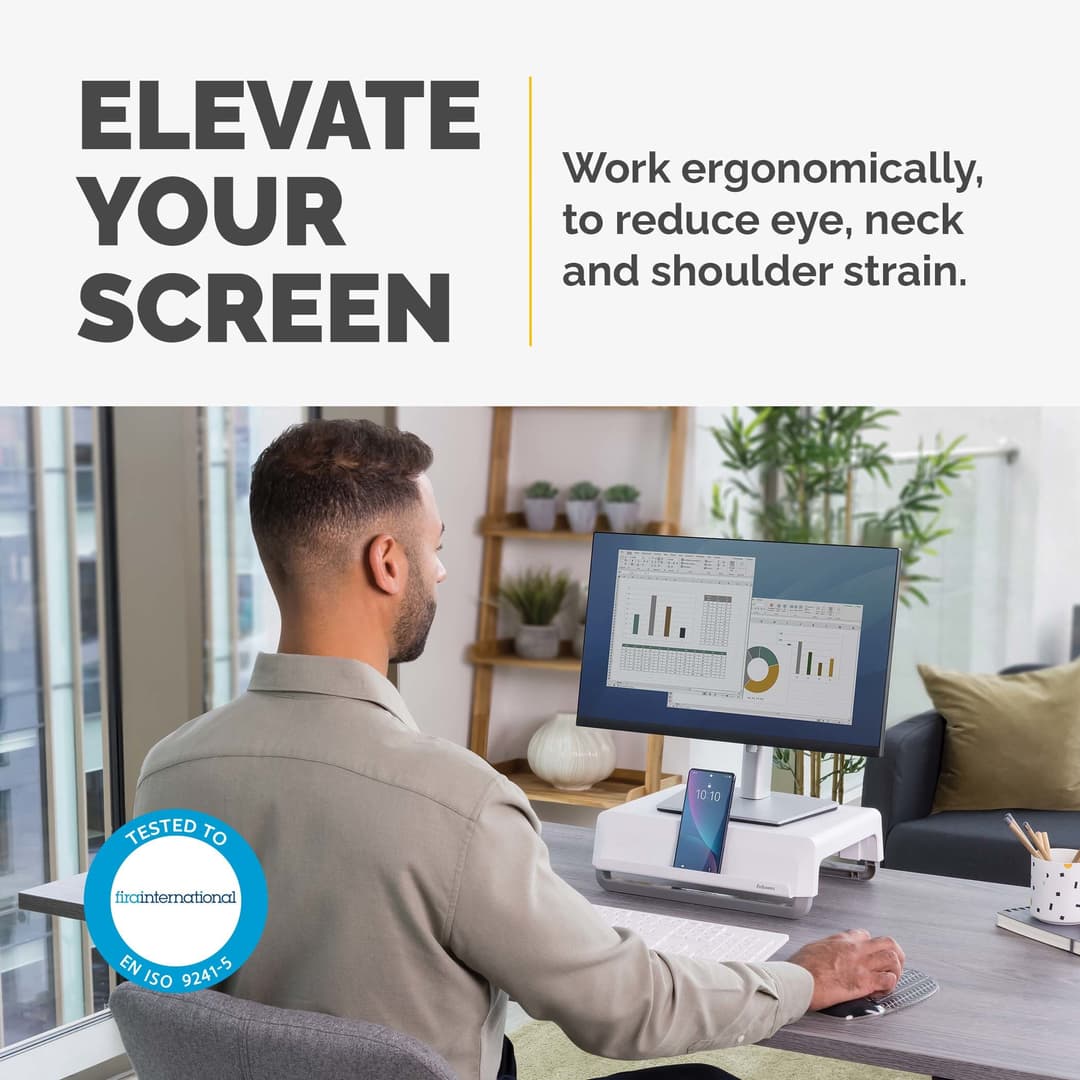 Fellowes Computer Monitor Stand with 3 Height Adjustments - Breyta Monitor Riser with Cable Management - Ergonomic Adjustable Monitor Stand for Computers - Max Weight 15KG - White - Image 2