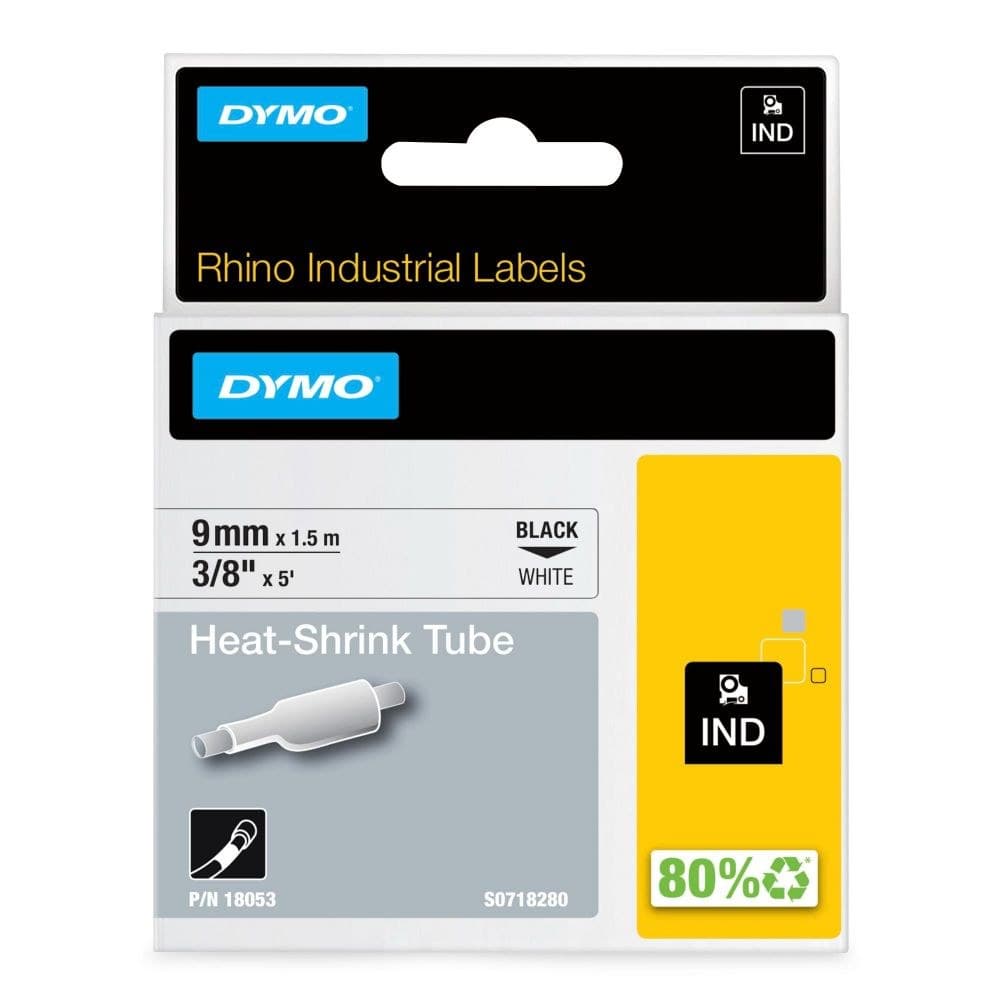 Dymo 18053 Rhino 9mm Black on White Heat Shrink Tube - S0718280 - Image 1