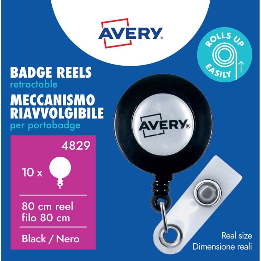 Avery 4829 Retractable Badge Reel 800mm Black 10Pk