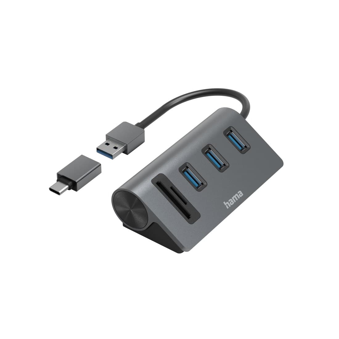 Hama USB 3.2 Gen 1 Hub with Card Reader, 3x USB-A, SD/microSD, with USB-C Adapter - Anthracite/Black