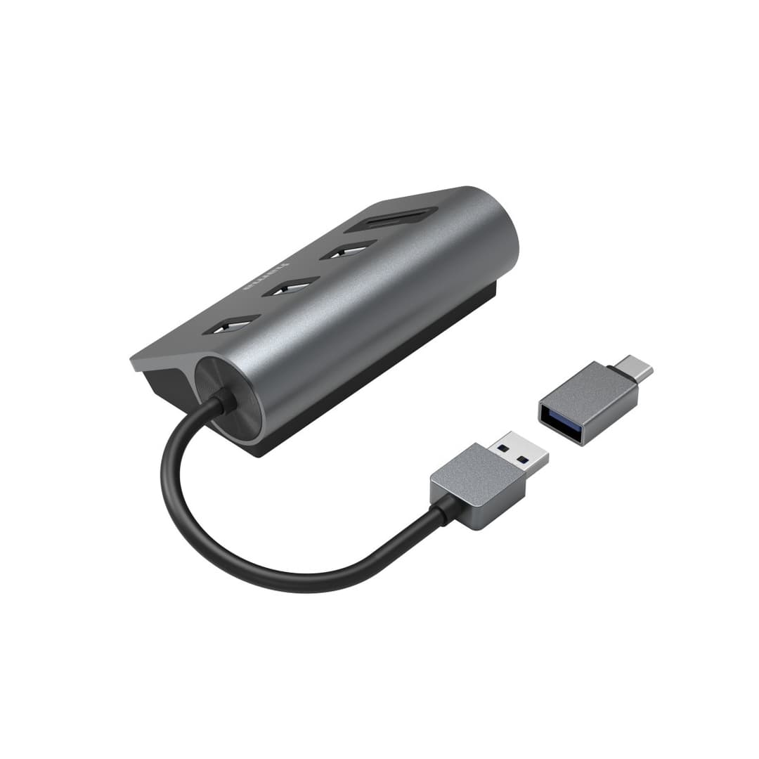 Hama USB 3.2 Gen 1 Hub with Card Reader, 3x USB-A, SD/microSD, with USB-C Adapter - Anthracite/Black - Image 2