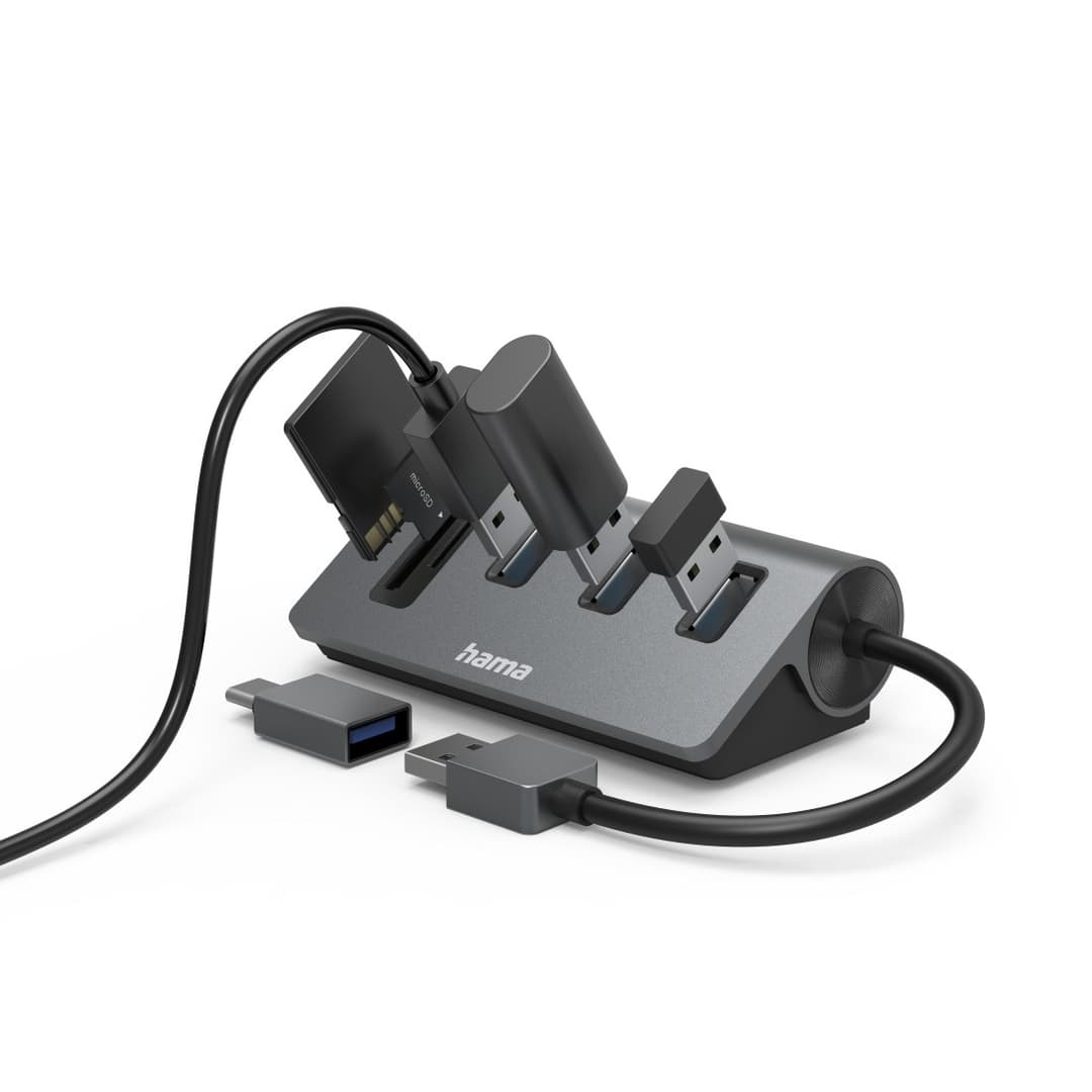 Hama USB 3.2 Gen 1 Hub with Card Reader, 3x USB-A, SD/microSD, with USB-C Adapter - Anthracite/Black - Image 3
