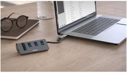 Hama USB 3.2 Gen 1 Hub with Card Reader, 3x USB-A, SD/microSD, with USB-C Adapter - Anthracite/Black - Image 4