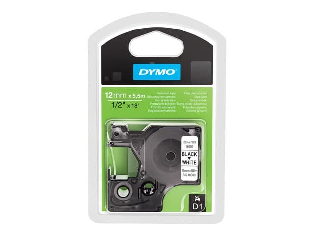 DYMO D1 S0718060 Permanent Polyester Label Tape - Black on White - 1 cassette(s) - Roll (1.2 cm x 5.5 m)