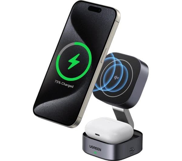 UGREEN MagFlow Qi2 2-in-1 15W Magnetic Foldable Wireless Charger Stand Grey - Image 1
