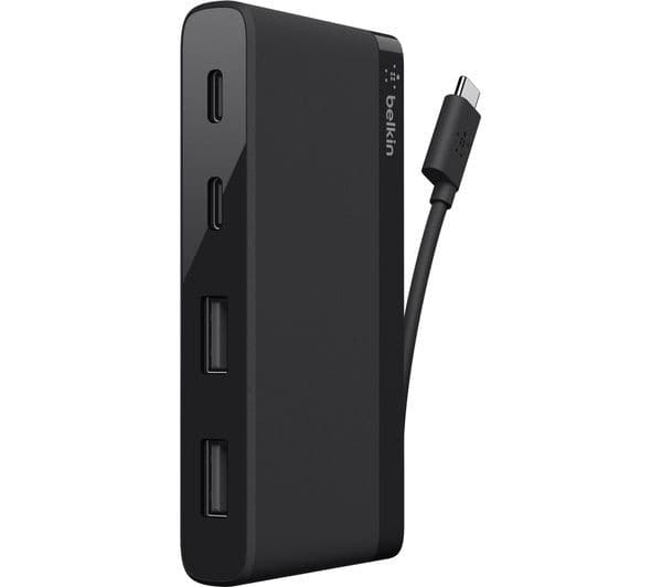 Belkin USB-C 4-Port Mini Hub F4U090btBLK - 2 x USB-C + 2 x USB-A USB 3.0 Ports, Tethered USB-C Cable - Black