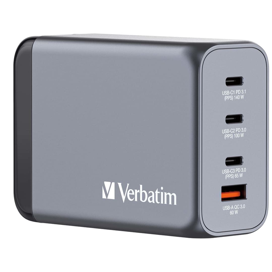 Verbatim GNC-240 GaN Charger 240W with 1 x USB-C 140W /1 x USB-C 100W / 1 x USB-C 65W / 1 x USB-A QC 3.0 (EU/UK/US) - Image 1